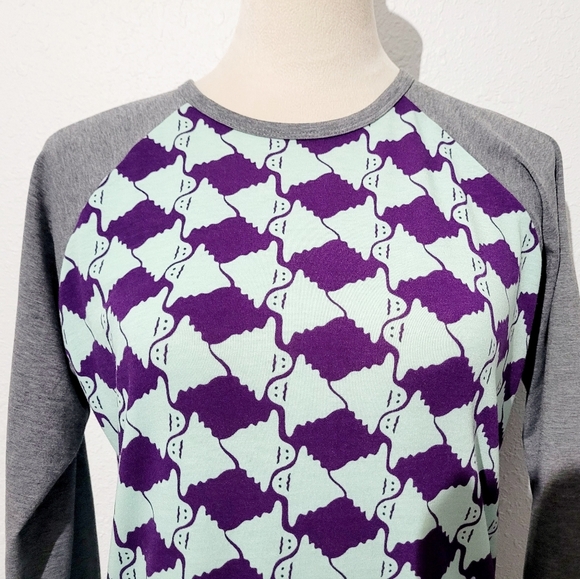 LuLaRoe Randy Raglan Top S Gray Purple Mint Ghost Print Halloween 3/4 Sleeve... - Picture 2 of 11